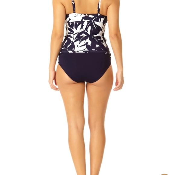 NEW Anne Cole V-Wire Tankini Swim Top XL Navy Blue White Coastal Palms Print - Picture 4 of 10